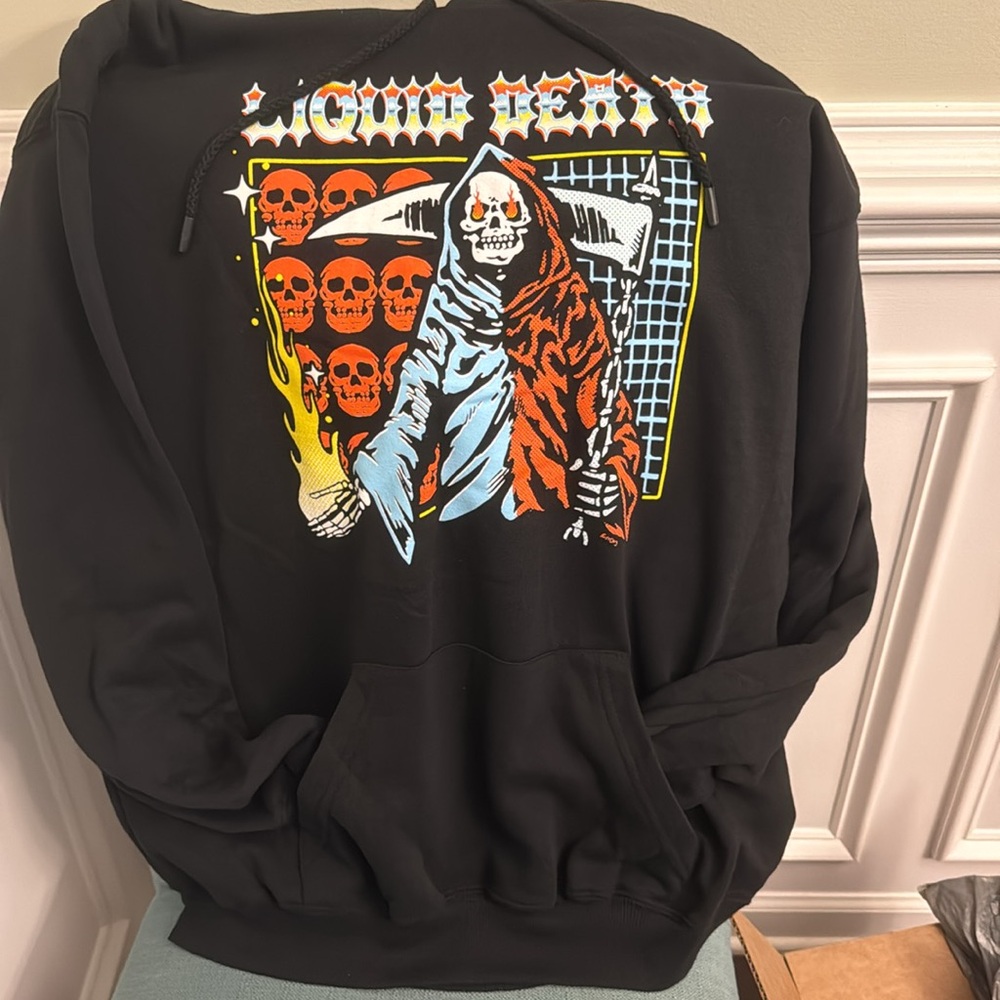 Liquid Death hoodie black sz L Grim Reaper NEW w/o tags